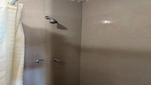 A shower with a handheld showerhead and a wall-mounted faucet.