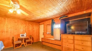 A wooden-paneled room with a ceiling fan, a television, a microwave, and a small table with chairs.