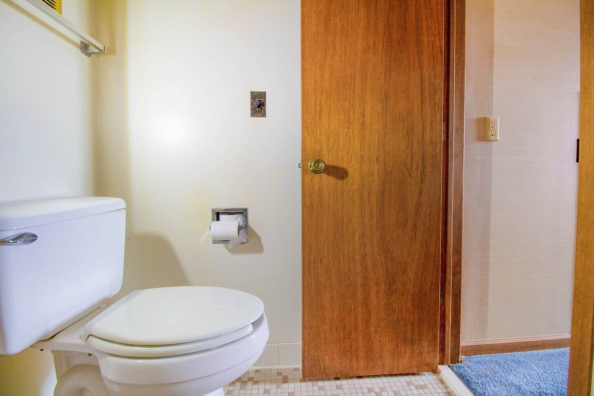 Een badkamer met een toilet, een houten deur, een handdoekhouder en een toiletrolhouder.