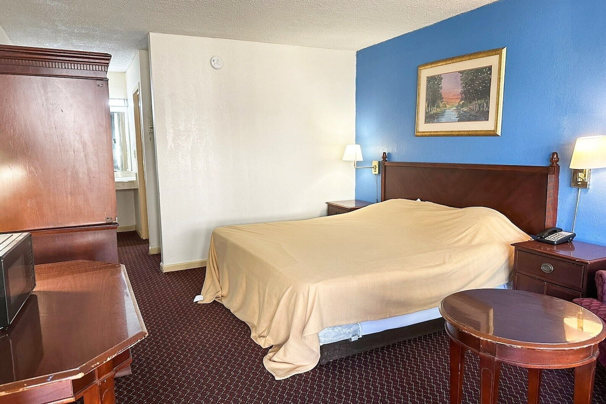 Habitación de hotel con cama, mesitas de noche, escritorio, silla, televisor y un cuadro en la pared.