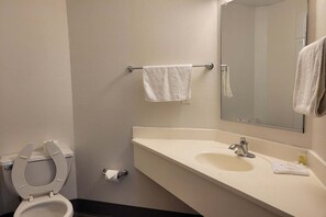 A bathroom with a toilet, sink, mirror, and towel rack.