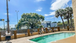 A swimming pool with a fence, lounge chairs, and palm trees.