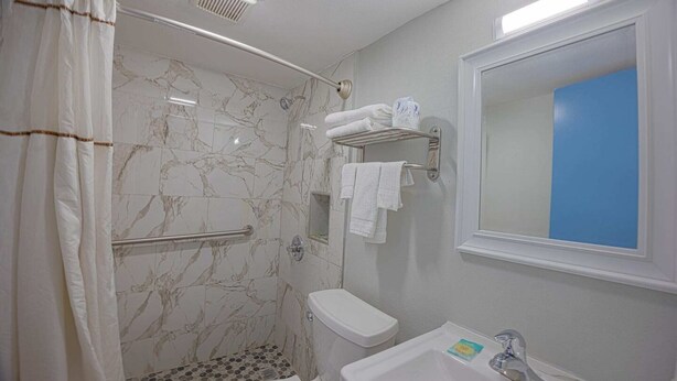 Ein Badezimmer mit Dusche, Toilette, Waschbecken und Spiegel.