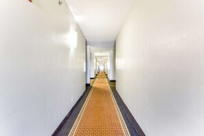 Un pasillo largo y estrecho con paredes blancas y una alfombra estampada.