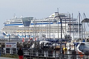 Ein großes Kreuzfahrtschiff liegt in einer Marina vor Anker, mit mehreren kleineren Booten und einer Person in der Nähe des Geländers.