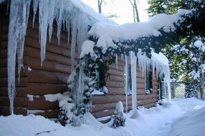 A wooden cabin with icicles hanging from the roof and snow on the ground. - Holiday home Hubertushöhe (Crinitzberg)