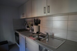 A modern kitchen with stainless steel appliances, a sink, and a knife rack. - Holiday home Hubertushöhe (Crinitzberg)