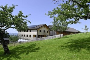 A modern building with a sloped roof, a wooden exterior, and a grassy hillside. - Holiday apartment in Egg with swimming pool (Egg)