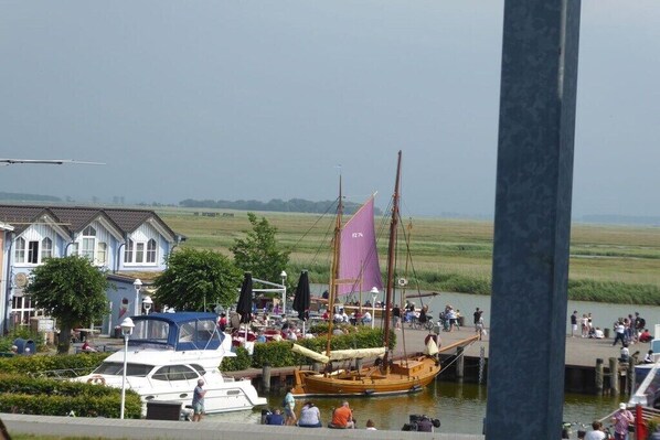 A waterfront area with boats docked, a pier, and a building with a blue facade. - in the Boddenblick house, Apt. 32 (Zingst)