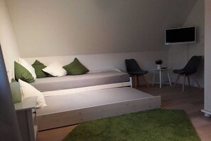 Ein kleines Zimmer mit Bett, Fernseher, zwei Stühlen, einem kleinen Tisch und einem grünen Teppich.