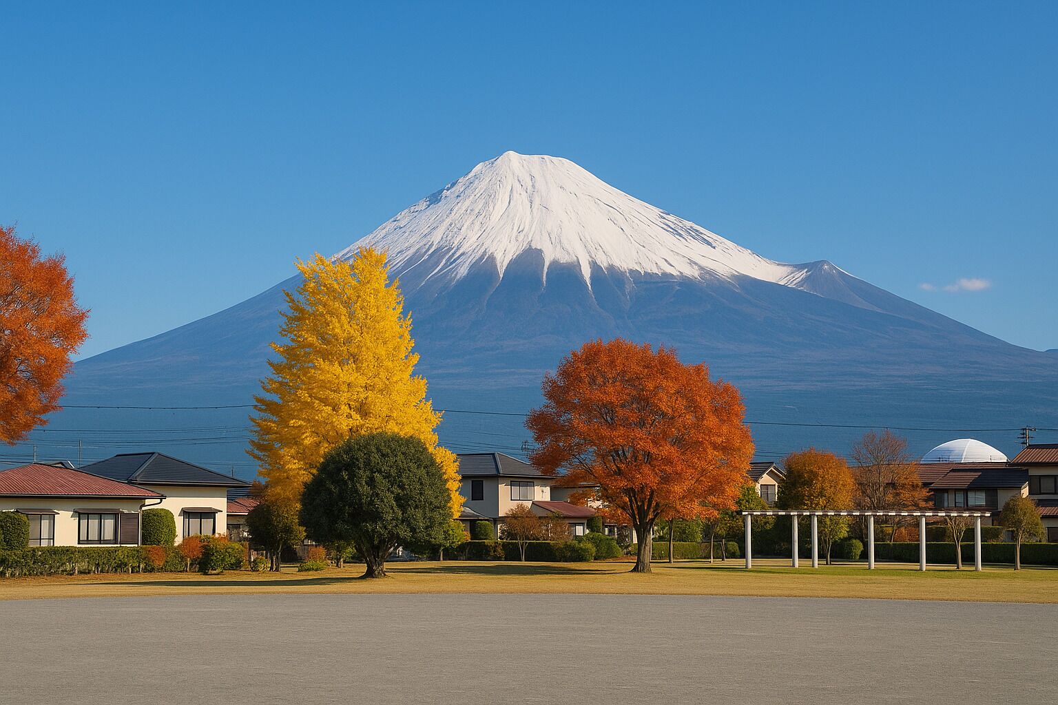 A residential area with houses, a large mountain in the background, and autumn-colored trees.
