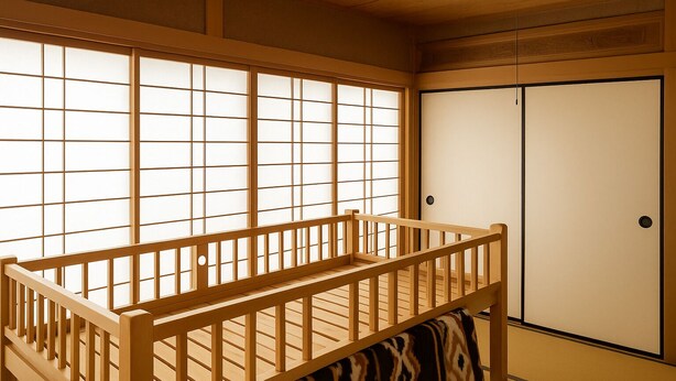 Una habitación japonesa tradicional con suelo de tatami, una cama baja de madera con barandilla, un panel shoji y una puerta corredera.