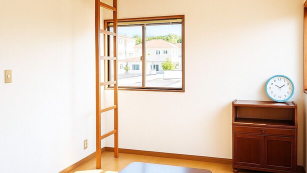 A room with a wooden table, a window with a view of houses, a clock, and a cabinet.