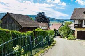 Eine ländliche Straße mit traditionellen Häusern, einem Metallzaun und blauem Himmel.