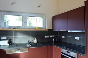 Eine moderne Küche mit Geschirrspüler, Herd und einem Fenster über der Spüle.
