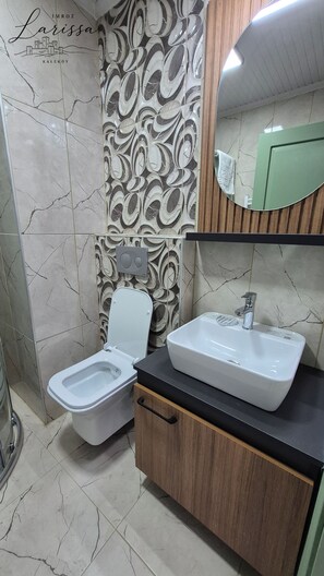Buồng tắm vòi sen, máy sấy tóc, khăn tắm, xà phòng 