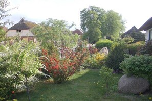 Ein Garten mit verschiedenen Pflanzen und einem großen Felsen.