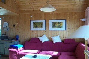 Ein Holzblockhaus-Interieur mit einem rosa Sofa, zwei gerahmten Bildern an der Wand, einem Schreibtisch mit Lampe und einer Deckenleuchte.