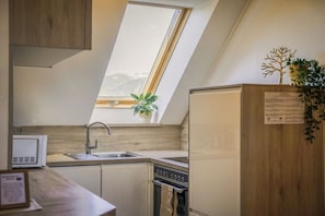 Eine kompakte Küche mit Oberlicht, Mikrowelle, Spüle und Kühlschrank.