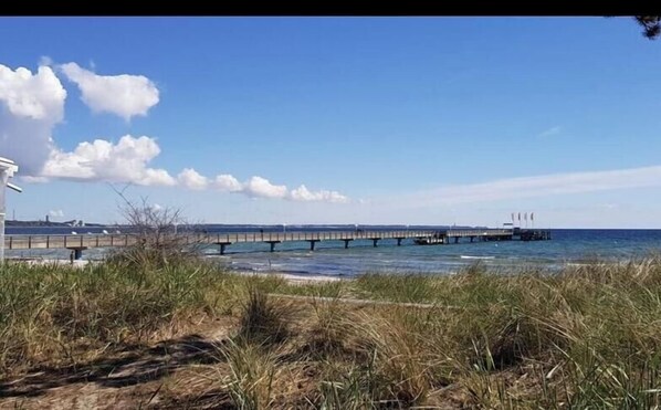 A coastal view with a pier extending into the water, grassy dunes in the foreground, and a clear sky. - "Lübeck Bay" in the TINTIN House (Scharbeutz)