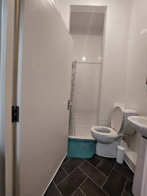 Ein Badezimmer mit Toilette, Dusche und Waschbecken.
