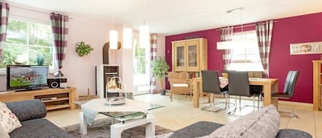 TV connectée, cheminée, livres, chaîne hi-fi