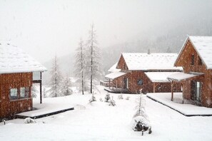 A wooden cabin with a snow-covered roof, surrounded by trees and a snowy landscape.