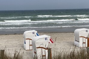 Strandliegen mit den Nummern 61, 62 und 65 an einem Sandstrand, im Hintergrund das Meer.