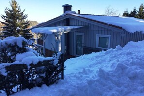 A wooden cabin with a snow-covered roof and a door, surrounded by snow and trees. - Holiday home with 1 bedroom (Harzgerode OT Güntersberge)
