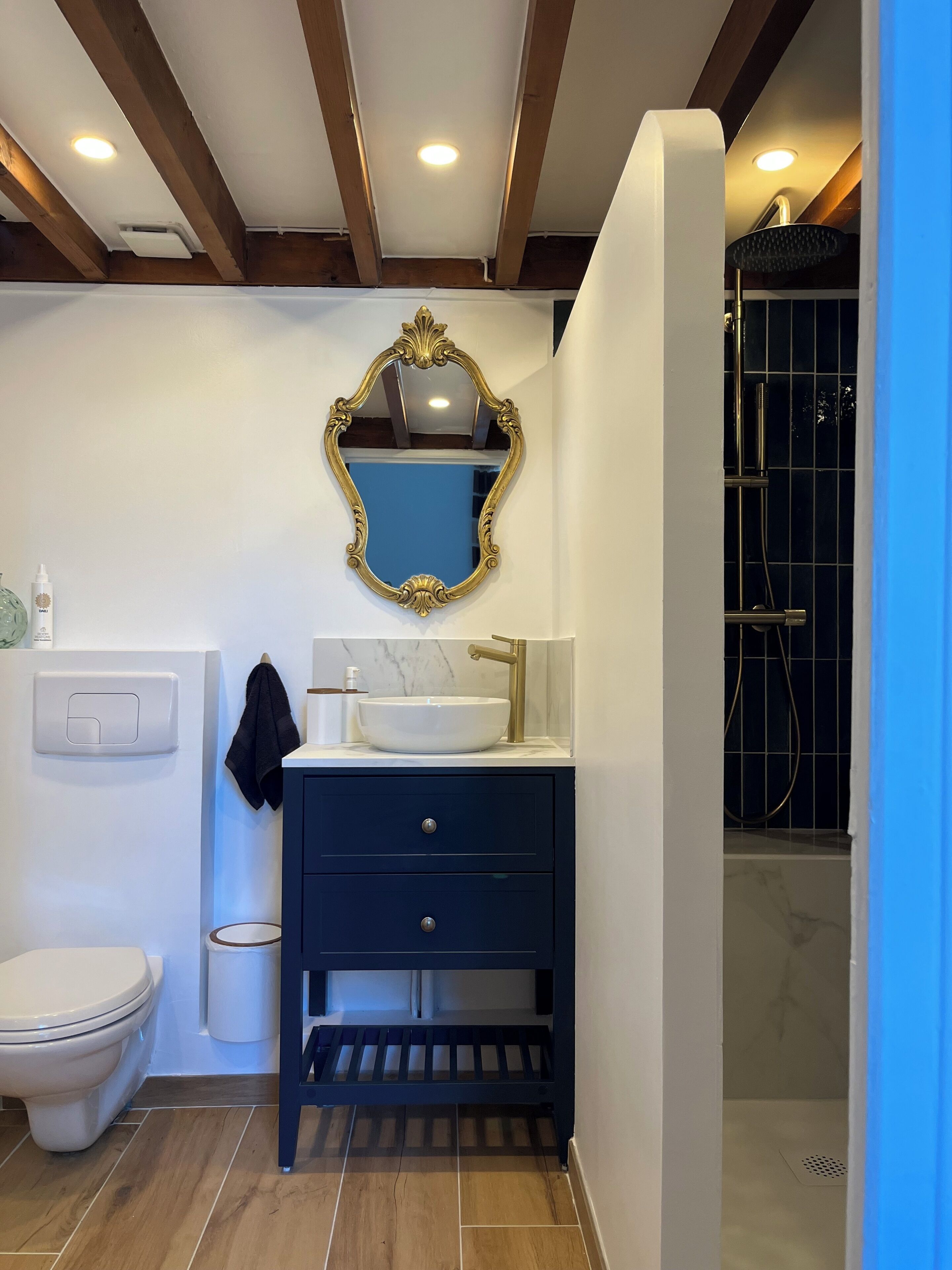 Une salle de bain avec des toilettes blanches, un meuble-lavabo agrémenté d’un miroir à cadre doré, un évier et une douche.