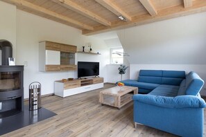 A modern living room with a wooden ceiling, a blue sofa, a TV, and a fireplace. - Holiday home in Dranske with swimming pool (Dranske)