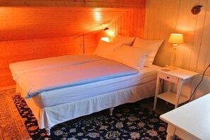 A single bed with white bedding, a nightstand with a lamp, and a patterned rug.