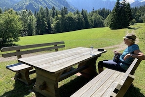 Ein Holztisch mit Bänken in einer Wiese, im Hintergrund Berge.