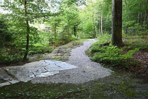 Ein Waldweg mit Pflasterung.