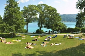 Eine grüne Wiese mit Liegenden und Schwimmern, umgeben von Bäumen und einem See.