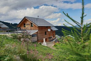 A wooden cabin with a sloped roof, a satellite dish, and a small deck.