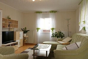 Ein Wohnzimmer mit Fernseher, Sofa, Couchtisch und Blick ins Freie.