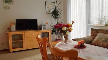 Smart-TV, DVD-Player, Bücher, Stereoanlage