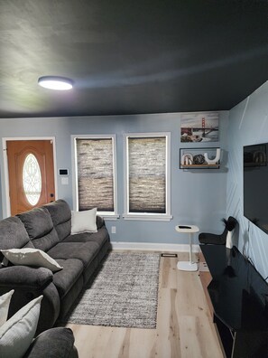 A living room with a gray sectional sofa, a small rug, a TV, and two windows with blinds.
