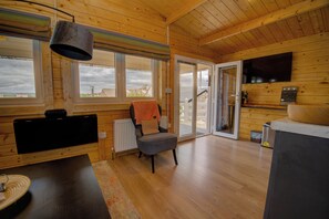 A wooden cabin interior with a sofa, a chair, a table, a television, and large windows.