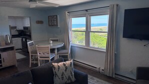 En stue med en mørk sofa, et spisebord med stole, et køkkenområde og et stort vindue med havudsigt.