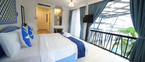 Standard Double Room, Balcony, Pool View | Desk, laptop workspace, free WiFi, bed sheets