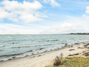 Una playa con agua tranquila, una orilla arenosa y una costa distante con edificios.