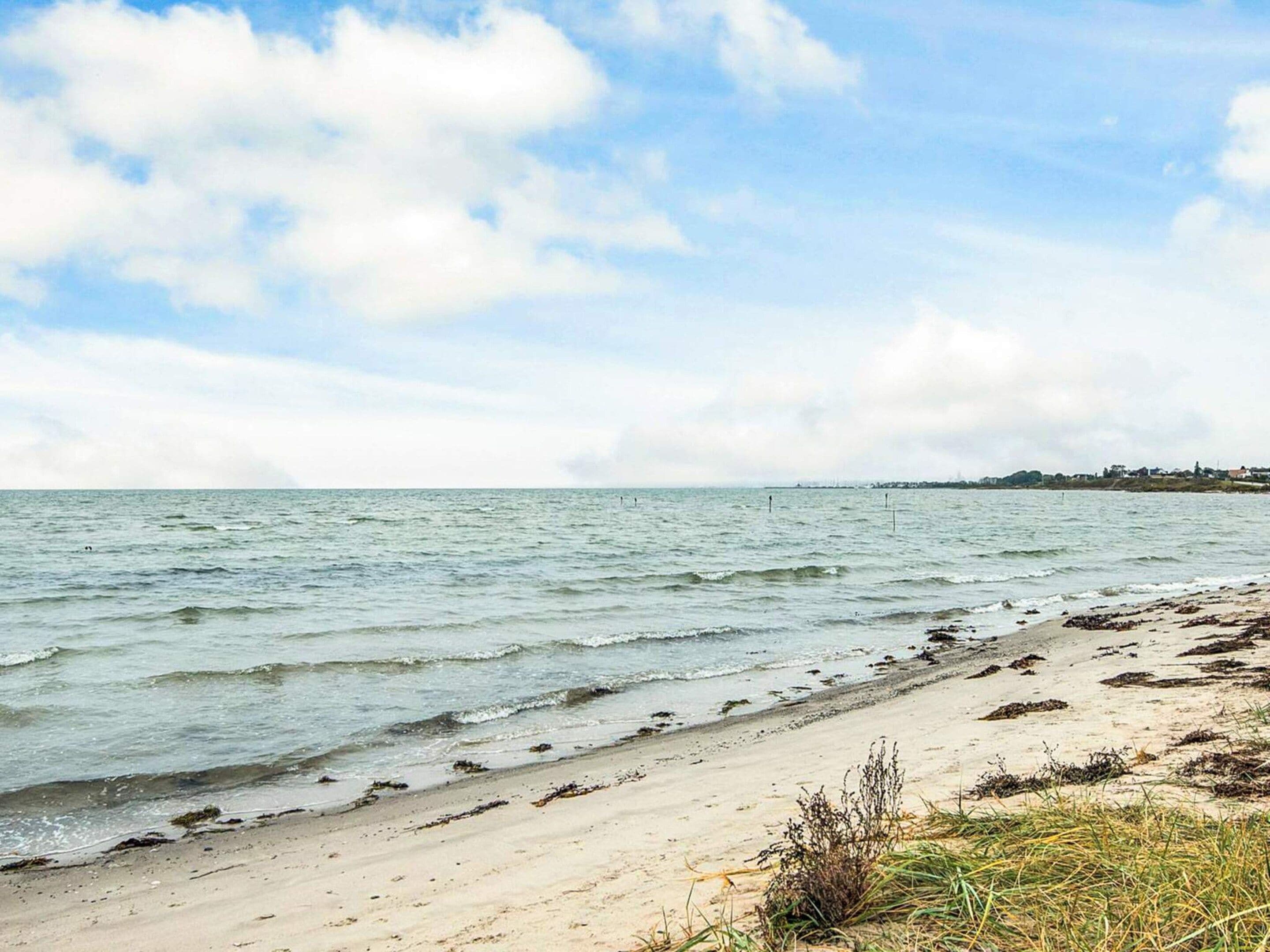 A beach with calm water, a sandy shore, and a distant shoreline with buildings.