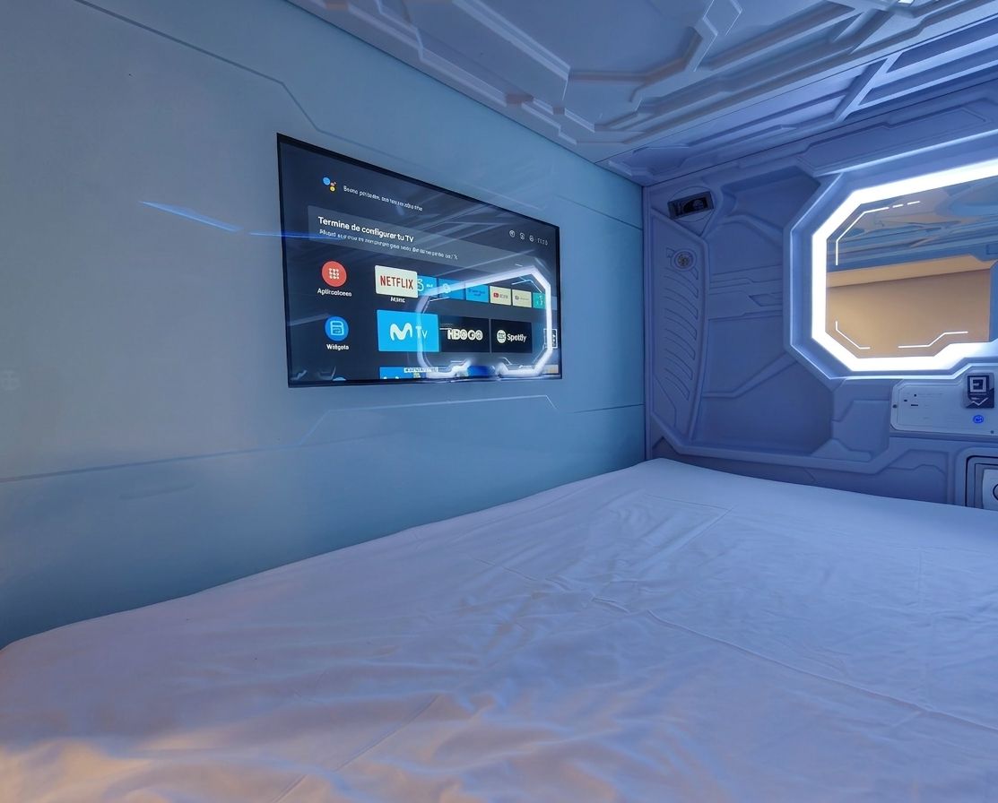 Una habitación futurista con una gran pantalla digital en la pared, una cama y un ventanal con diseño geométrico.