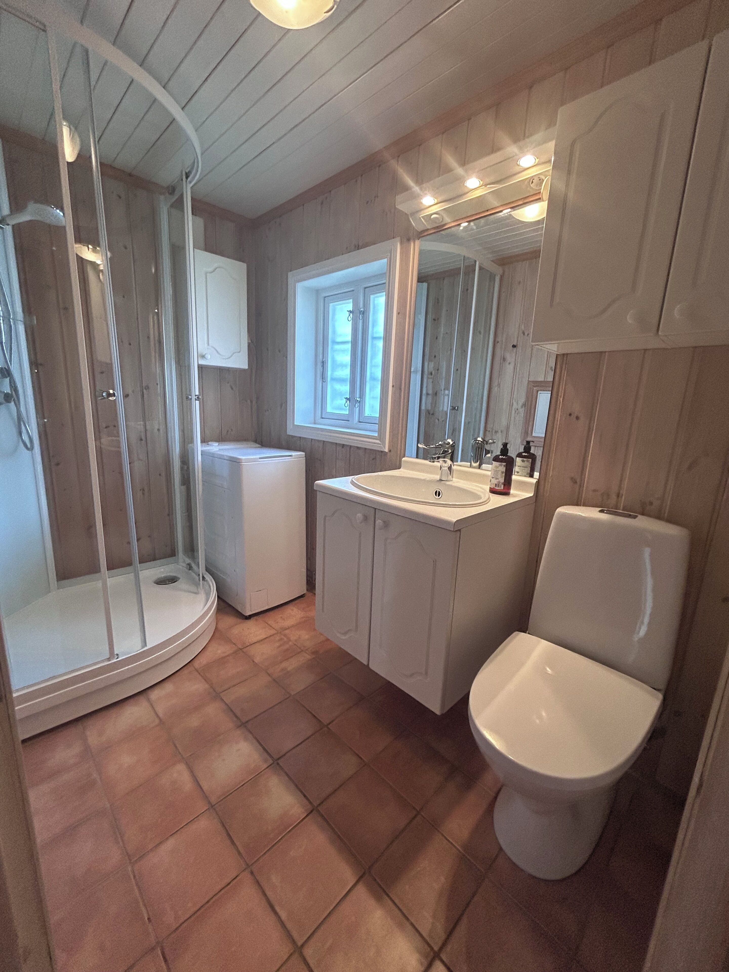Shower, towels, soap, toilet paper
