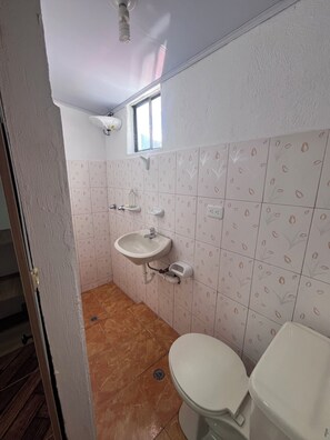 Une salle de bain avec des toilettes, un lavabo et une douche.