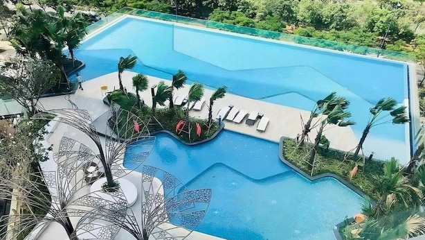 Una piscina con sillones de descanso y palmeras.
