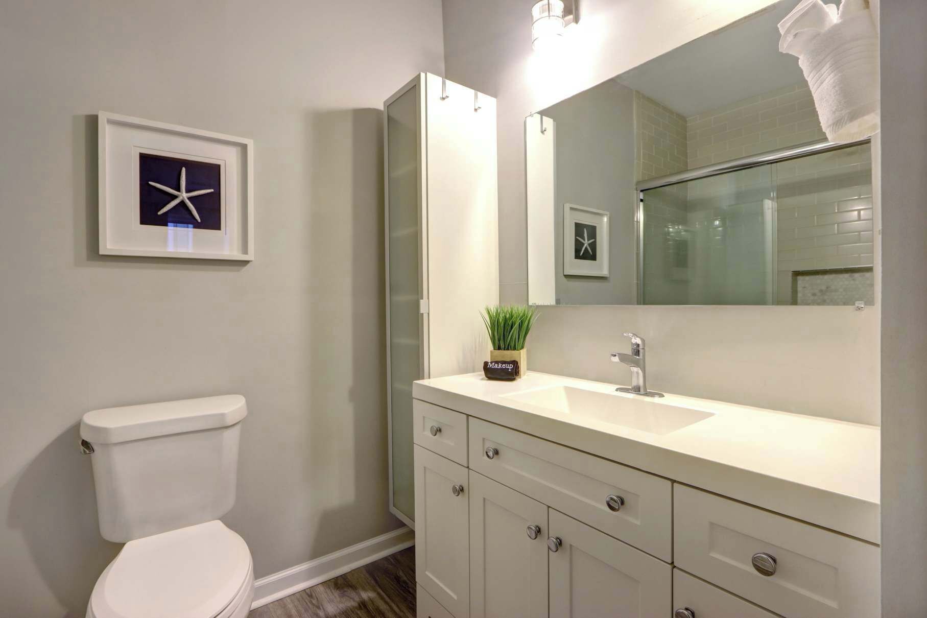 Une salle de bain comprenant des toilettes, un meuble-lavabo avec un miroir et une étoile de mer encadrée accrochée au mur.