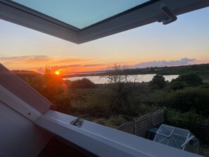 Blick durch ein Fenster mit Metallrahmen auf eine natürliche Landschaft mit Gewässer und Vegetation.